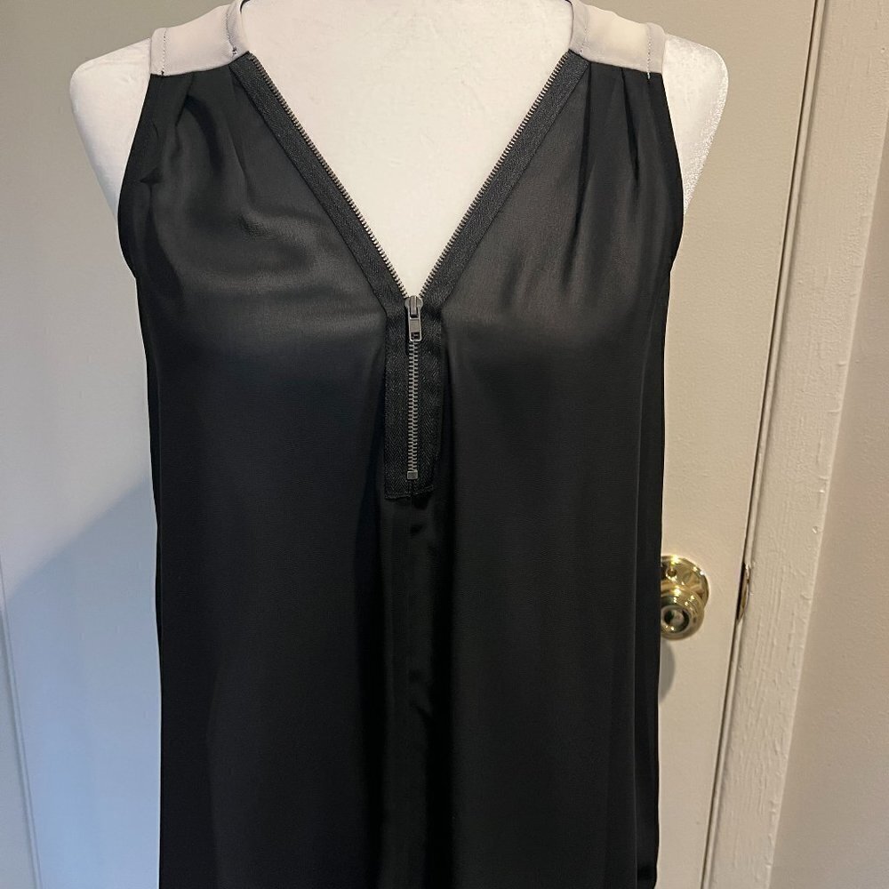 Monteau black and white sheer hi-low top with faux zipper detail, Size Small
